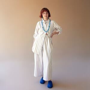 Striped Linen Blend Button-Front Shirt and Pant Set NWT